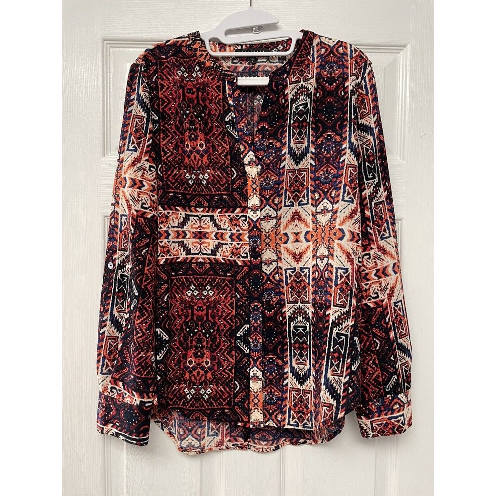 SANCTUARY Orange Red Print Long Sleeve Blouse Womens Button up L